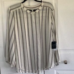 NEW-Lucky Brand Top Womens Large White /Gray Striped Button Down Long Sleeve